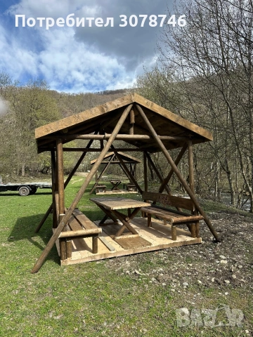Дървена масивна беседка с пейки и маса , снимка 3 - Градински мебели, декорация  - 54211839