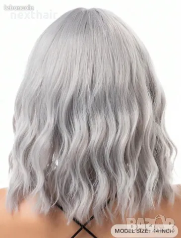 Сребристо сива къса вълнообразна перука с бретон, снимка 4 - Аксесоари за коса - 47370903