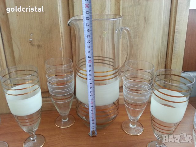 Ретро стъклени чаши и кана с златен кант, снимка 7 - Антикварни и старинни предмети - 33682339