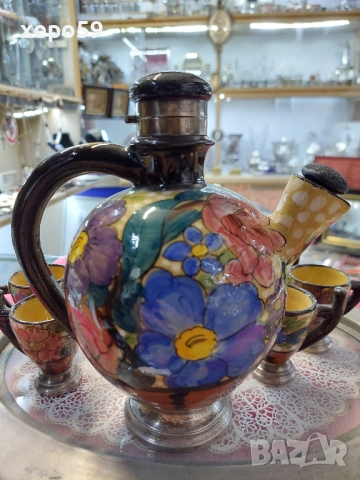 Много рядък авторски керамичен сет със сребърен обков/кана за ракия+ шест чаши,сребро проба 800, снимка 4 - Аксесоари за кухня - 52315971