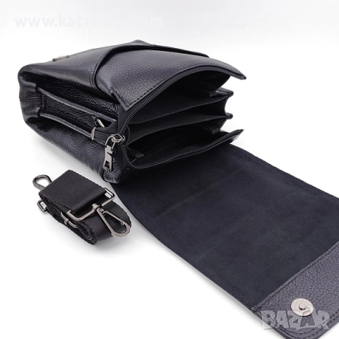 Подаръчен комплект за мъж -Чанта с капак и портфейл от естествена кожа в черно, снимка 3 - Подаръци за мъже - 52414639