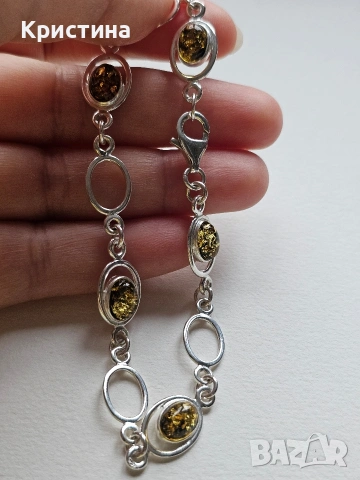 Красива сребърна гривна с Кехлибари, снимка 4 - Гривни - 53904694