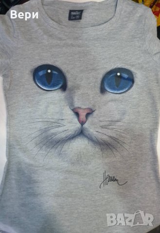 Нова дамска сива тениска с 3D принт Котка със сини очи, снимка 13 - Тениски - 29126621