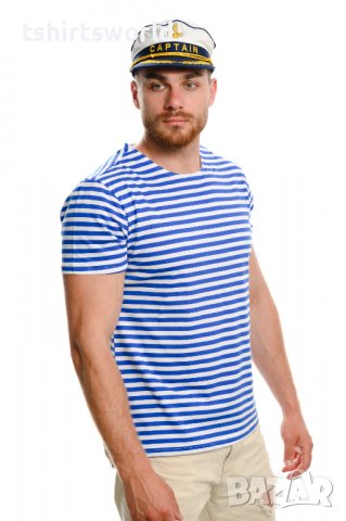 Нов мъжки моряшки комплект: моряшка класическа тениска без бие и капитанска шапка, снимка 2 - Тениски - 37662389