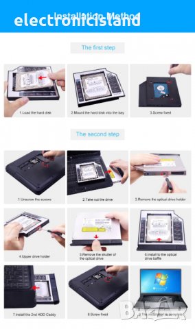 Адаптер Caddy Кади 9.5мм или 12.7 мм SATA III адаптер за втори хард диск / SSD за лаптоп, снимка 7 - Кабели и адаптери - 23417004