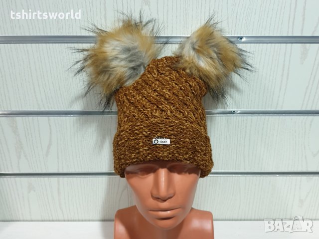 Нова зимна дамска шапка с 2 помпона/пуха, снимка 5 - Шапки - 35488809
