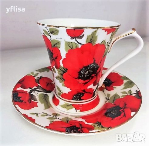 Големи, порцеланови чаши с чинийка за кафе, чай, капучино и др., снимка 1 - Чаши - 31342044