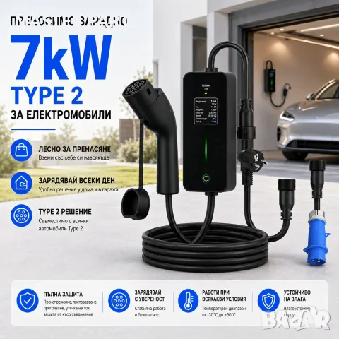 Професионално преносимо зарядно за електромобил Type 2 - 2 В 1 - 7kW / 3.6kW - CEE + Шуко, снимка 7 - Аксесоари и консумативи - 55874742