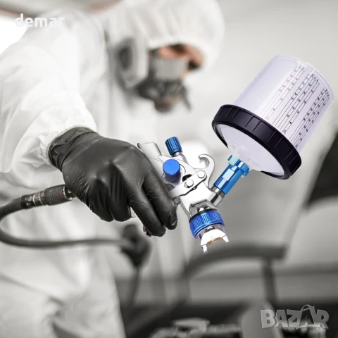 HVLP пистолет за боядисване, 10 чаши от 600 мл и манометър, 3 дюзи 1.4/1.7/2 мм, син, снимка 8 - Други стоки за дома - 51104129