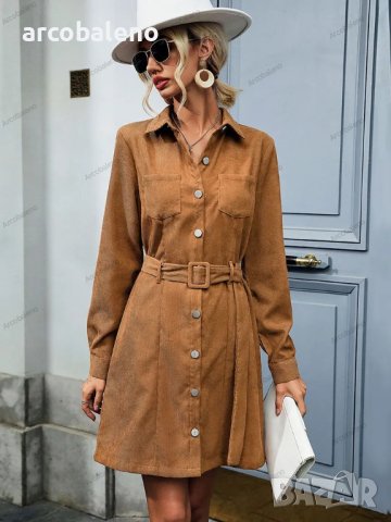Дамска рокля от рипсено кадифе с дълъг ръкав в стил риза с ревер, снимка 5 - Рокли - 42080824