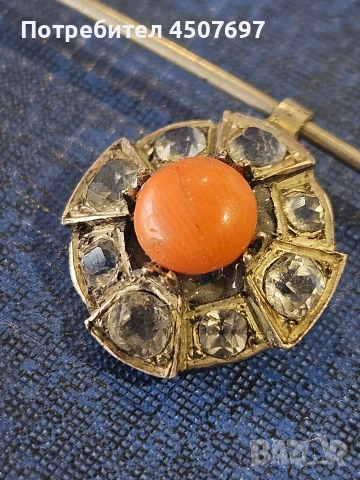 Антична сребърна брошка с диамантена паста и корал, викториански, снимка 4 - Други - 53885627