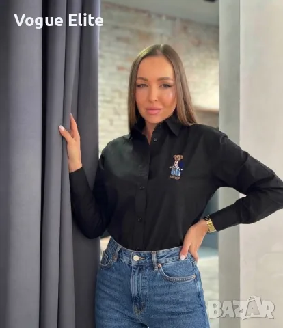 Дамска черна риза с бродерия мече