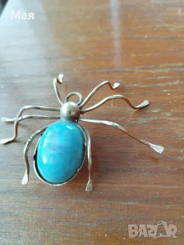 Винтидж брошка с насекомо паяк с игла от стерлингово сребро и тюркоаз от Navajo , снимка 3 - Други - 50304266