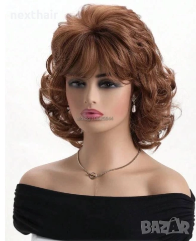 Къса дамска къдрава кафява синтетична перука с бретон, снимка 3 - Аксесоари за коса - 52821443
