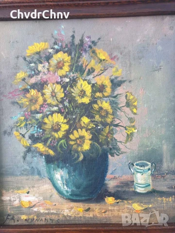 47х40см/малка стара картина масло върху платно-фазер/натюрморт ваза с цветя/дървена рамка, снимка 2 - Картини - 50823395