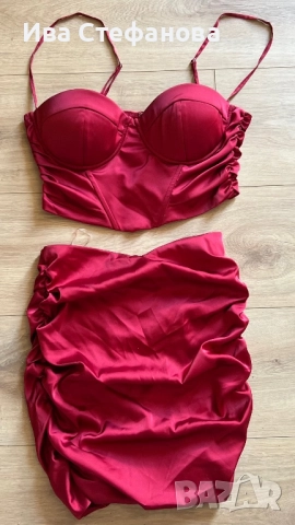 Нов елегантен парти коктейлен официален сет комплект две части костюм сатен корсет топ пола oh Polly