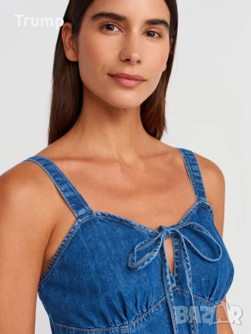 Елегантна Дълга дънкова рокля с плисета на гърдите -