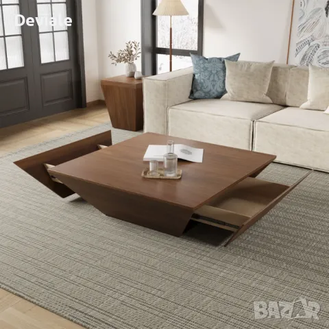 Модерна Минималистична дървена трапецовидна холна масичка за кафе с място за съхранение, орехов фурн, снимка 2 - Маси - 48397647