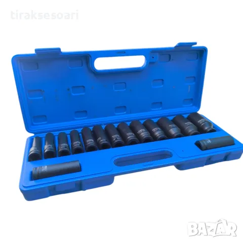 Комплект 15 броя ударни вложки 1/2, Дълги вложки 12 стенни в куфар, снимка 2 - Други инструменти - 49476675