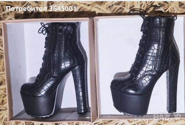 Луксозни дамски черни боти от релефна изкуствена кожа с висок ток и платформа-олекотени . N36 НОВИ , снимка 5 - Дамски боти - 53046956