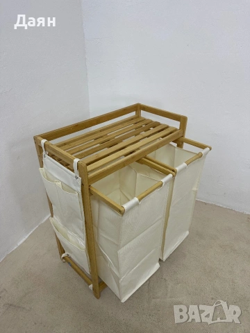 Бамбуков кош за пране SONGMICS 2x50L с рафт и странични джобове , снимка 3 - Други стоки за дома - 53247459