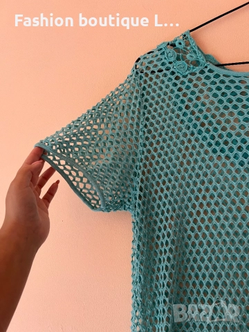 Тюркоазена блуза с дантела къс ръкав L размер 👗, снимка 4 - Тениски - 51846139