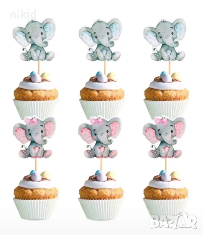 24 бр слончета слон розов син топери клечки украса декорация за мъфини кексчета парти рожден ден