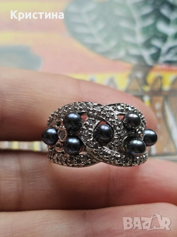 Сребърен пръстен с черни перли и кубични циркони , снимка 3 - Пръстени - 51955615