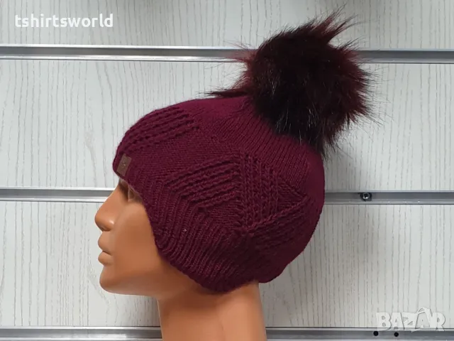 Нова детска зимна шапка тип ушанка с помпон в цвят бордо, снимка 4 - Шапки, шалове и ръкавици - 47894082