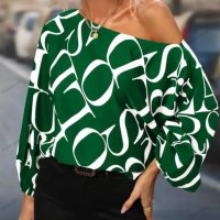 Дамска блуза с щампа и едно рамо с широк ръкав с балон, 7цвята - 023, снимка 3 - Блузи с дълъг ръкав и пуловери - 40171643