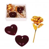Kомплект Честит Празник! с две свещи сърце и златна роза, снимка 1 - Романтични подаръци - 39377835