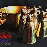 Античен сет чаши с еленска глава и купа от Бронз-Месинг за Хижари или Ловци, снимка 1 - Антикварни и старинни предмети - 38345626