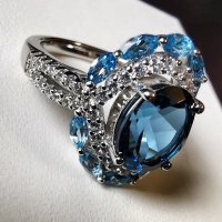 Прекрасен Сребърен 925 пръстен с Родиево покритие и Натурални сини Топази и Циркони!, снимка 3 - Пръстени - 44360969