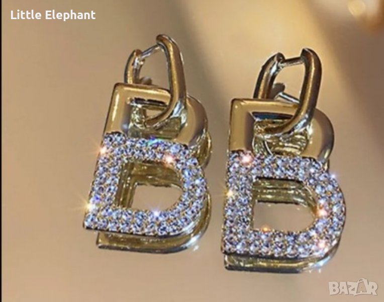 Обеци бранд 2 в 1,халки и висяща част букви,14К с кристали/нови, снимка 1