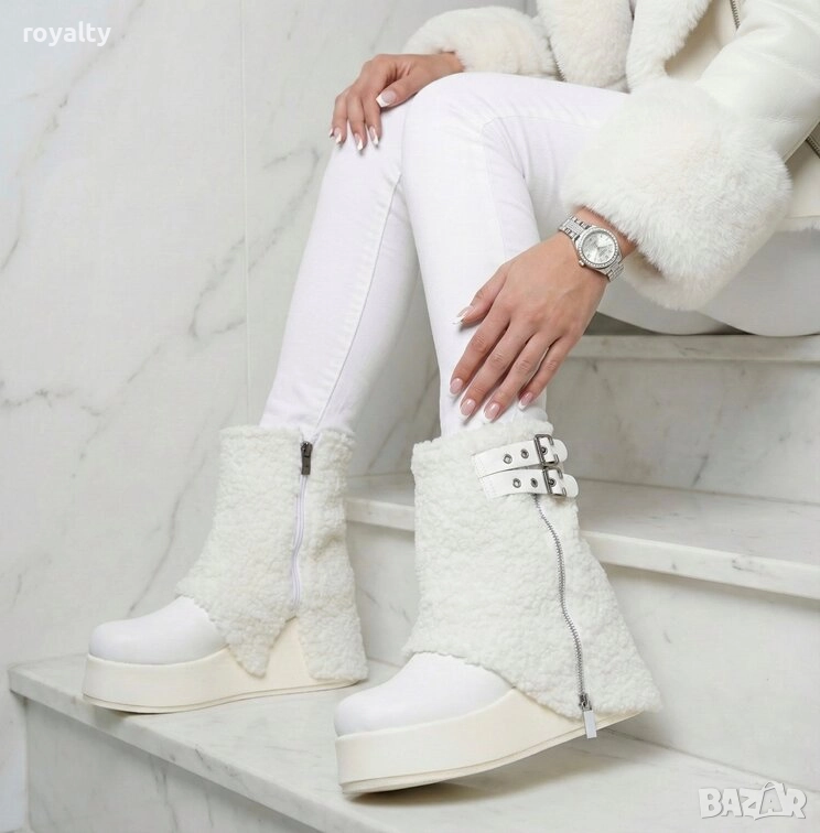 Боти на платформа - бяла кожа, снимка 1