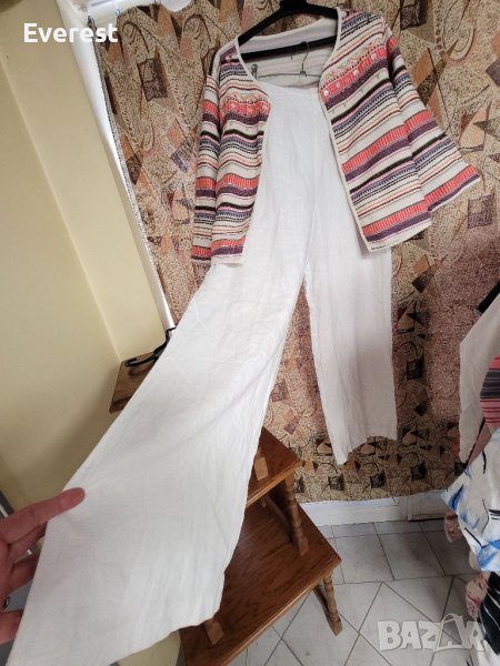 Бял ЛЕНЕН панталон,широки крачоли,висока талия- 44/46 , снимка 1