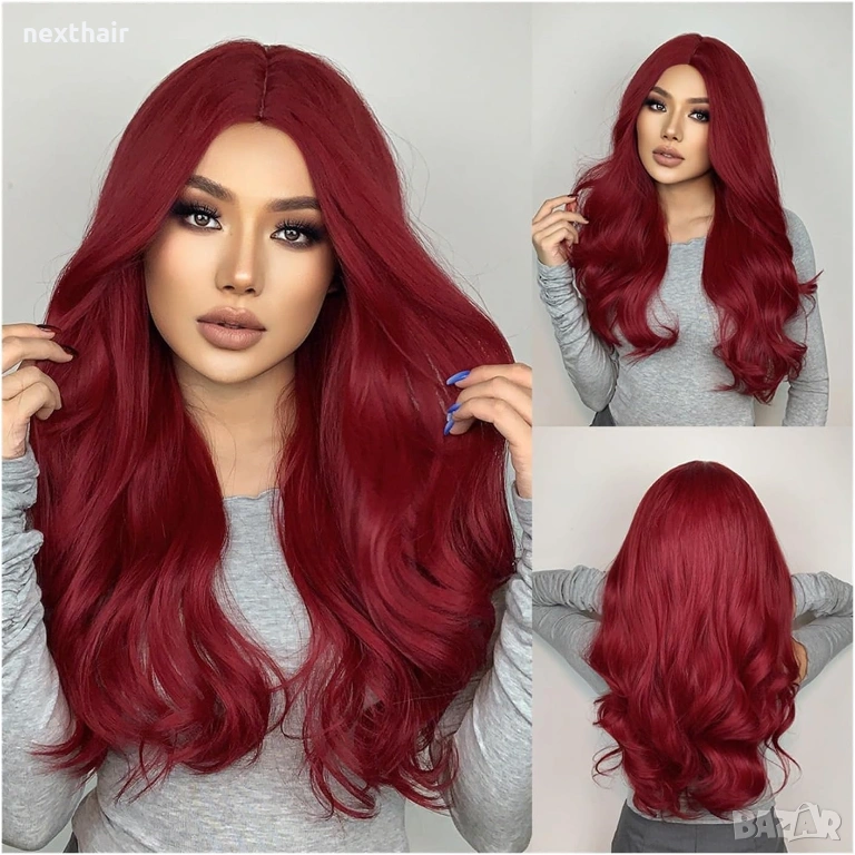 70 см Тъмно червена (бордо) синтетична перука, снимка 1