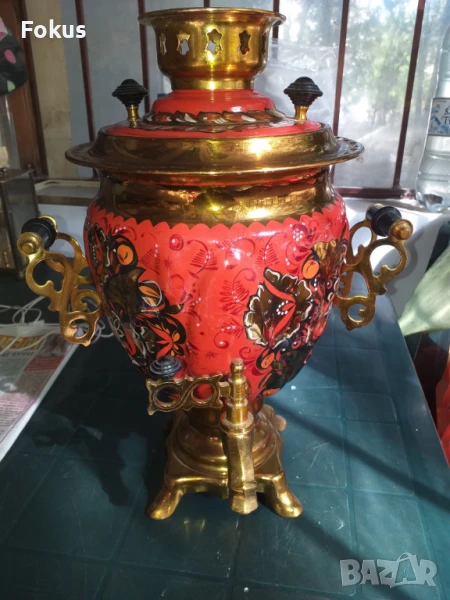 Уникален руски ръчно рисуван самовар чайник, снимка 1