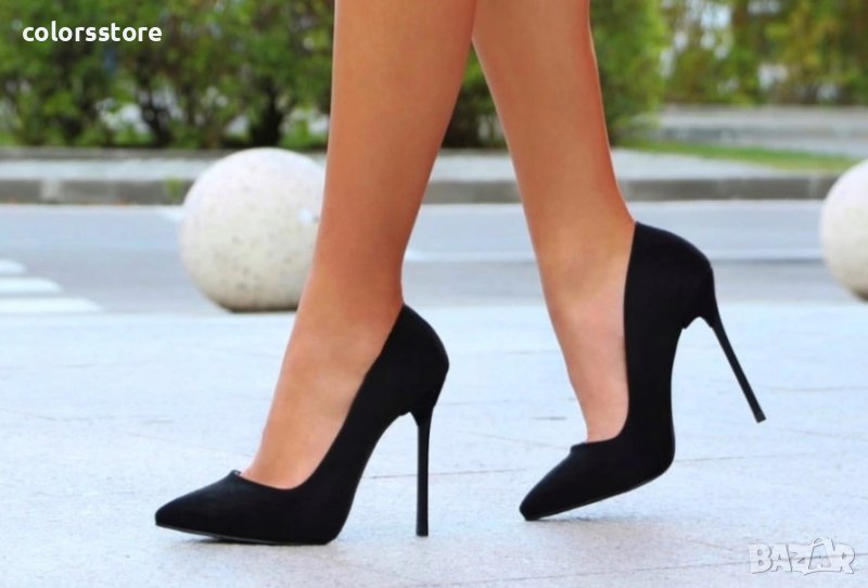 Обувки на ток - черен велур с черен ток - 6060, снимка 1