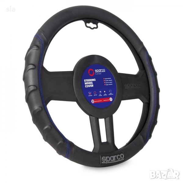 Калъф за волан SPARCO , М (38см), Черен със син шев, снимка 1
