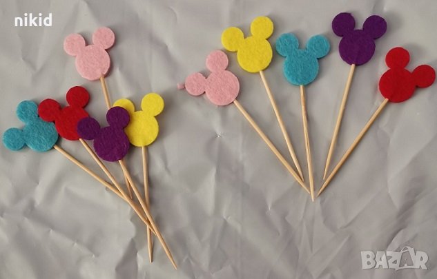 10 бр цветни филц Мики Маус глава на клечка топер за мъфини декорация украса торта, снимка 1