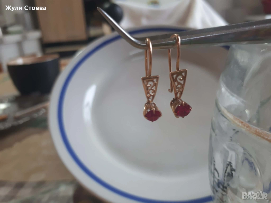 Руски златни обеци със синтетични рубини, снимка 1