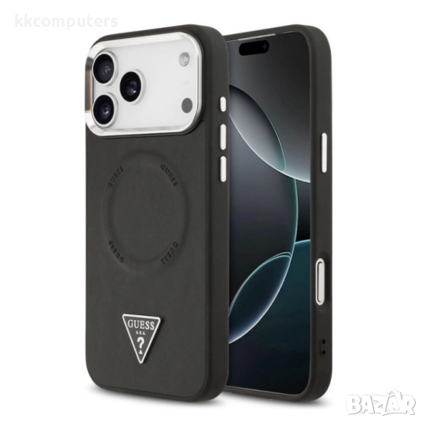Оригинален кейс Guess Leather Triangle Metal Logo и Протектор За iPhone 17 Pro (6.3), Черен, снимка 1