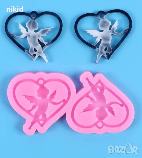 Ангел ангели в сърце висулки силиконов молд форма за обеци колие бижу декор фондан смола висулка, снимка 1