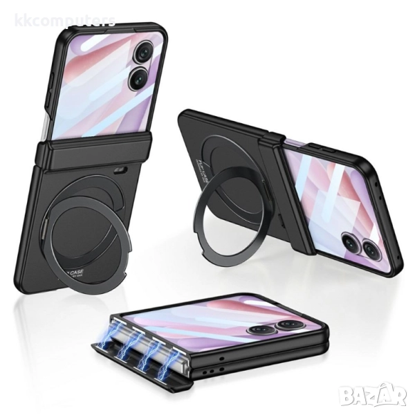 Калъф с протектор GKK за Honor Magic V Flip 2 – магнитна панта, стойка и MagSafe съвместимост, черен, снимка 1