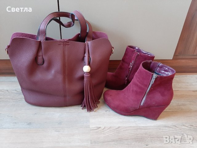 Дамска чанта + боти цвят бордо, снимка 1 - Чанти - 29417455