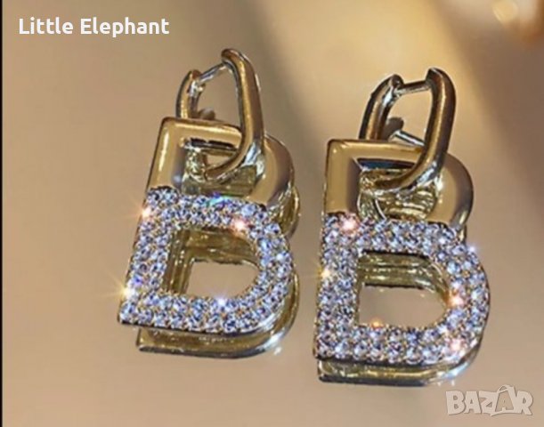 Обеци бранд 2 в 1,халки и висяща част букви,14К с кристали/нови, снимка 1
