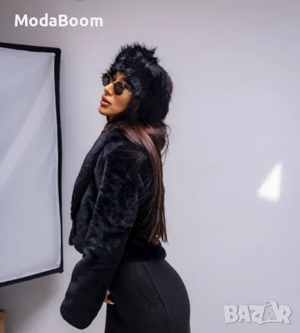 Стилно черно пухено дамско яке , снимка 2 - Якета - 47447766