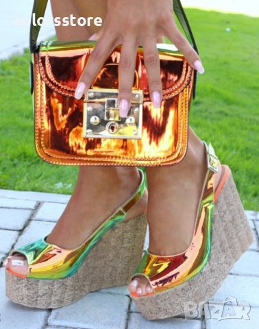 Сандали на платформа - оранжево и златисто преливащо - B78, снимка 2 - Сандали - 37298110