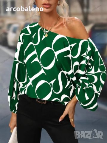 Дамска блуза с щампа и едно рамо с широк ръкав с балон, 7цвята - 023, снимка 3 - Блузи с дълъг ръкав и пуловери - 40171643